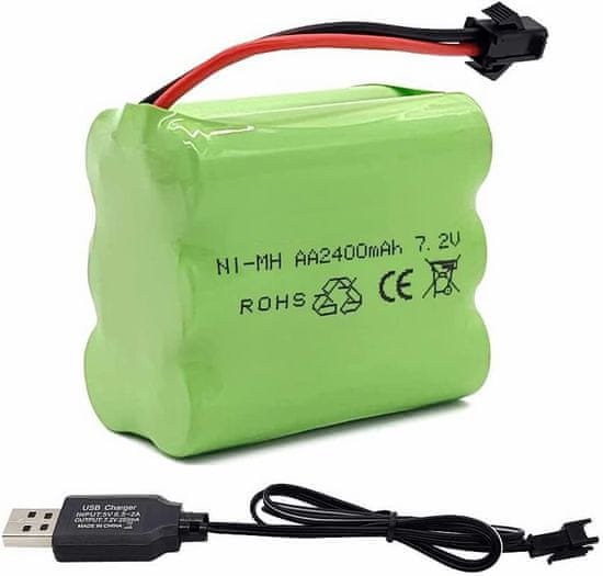 YUNIQUE GREEN-CLEAN 7.2V 2400mAh RC NiMH batéria s USB nabíjacím káblom a 2P SM konektorom, pre RC Car RC tankové RC člny