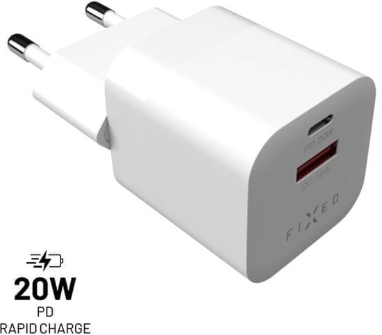 FIXED síťová nabíječka Mini s USB-C + USB-A, PD & QC 3.0, 20W, biela