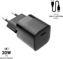 FIXED síťová nabíječka Mini s USB-C, PD, MFI, 20W, čierna + USB-C - Lightning kábel, 1m, čierna