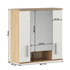 KONDELA Závesná skrinka so zrkadlom, dub sonoma/matná biela, LESSY NEW 01