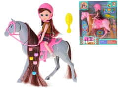 Bábika jazdkyňa 16 cm s koňom 25,5 cm a doplnky (ružový, šedý)