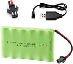 YUNIQUE GREEN-CLEAN 1 kus 7.2V 2400mAh Ni-MH AA nabíjateľná batéria s SM-2P 2Pin zástrčkou a USB nabíjacím káblom pre RC nákladné vozidlá