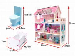 WOWO Drevený Domček pre Bábiky - Ružový Drevený Domček pre Bábiky s Nábytkom a LED, 70cm, MDF