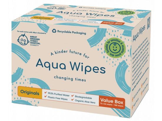 Aqua Wipes BIO Aloe Vera 100% rozložiteľné obrúsky, 99% vody 12x64ks