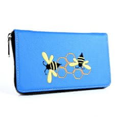 VegaLM Dámska kožená peňaženka s výšivkou včelieho úľa, modrá farba