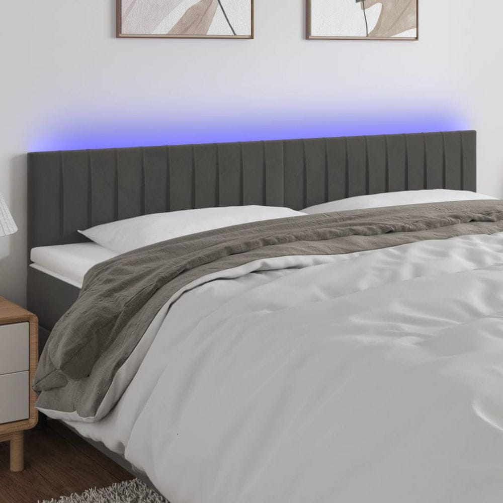 Vidaxl Čelo postele s LED tmavosivé 200x5x78/88 cm zamat