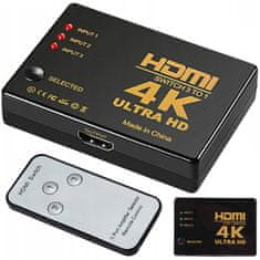 Sobex Prepínač splitter 3x na 1 hdmi 4k uhd + diaľkové ovládanie ir