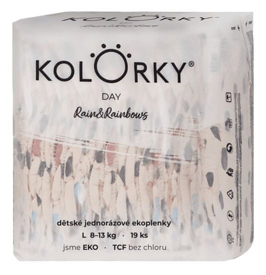 KOLORKY DAY - dážď a dúhy - L (8-13 kg) - 19 ks - jednorázové eko plienky