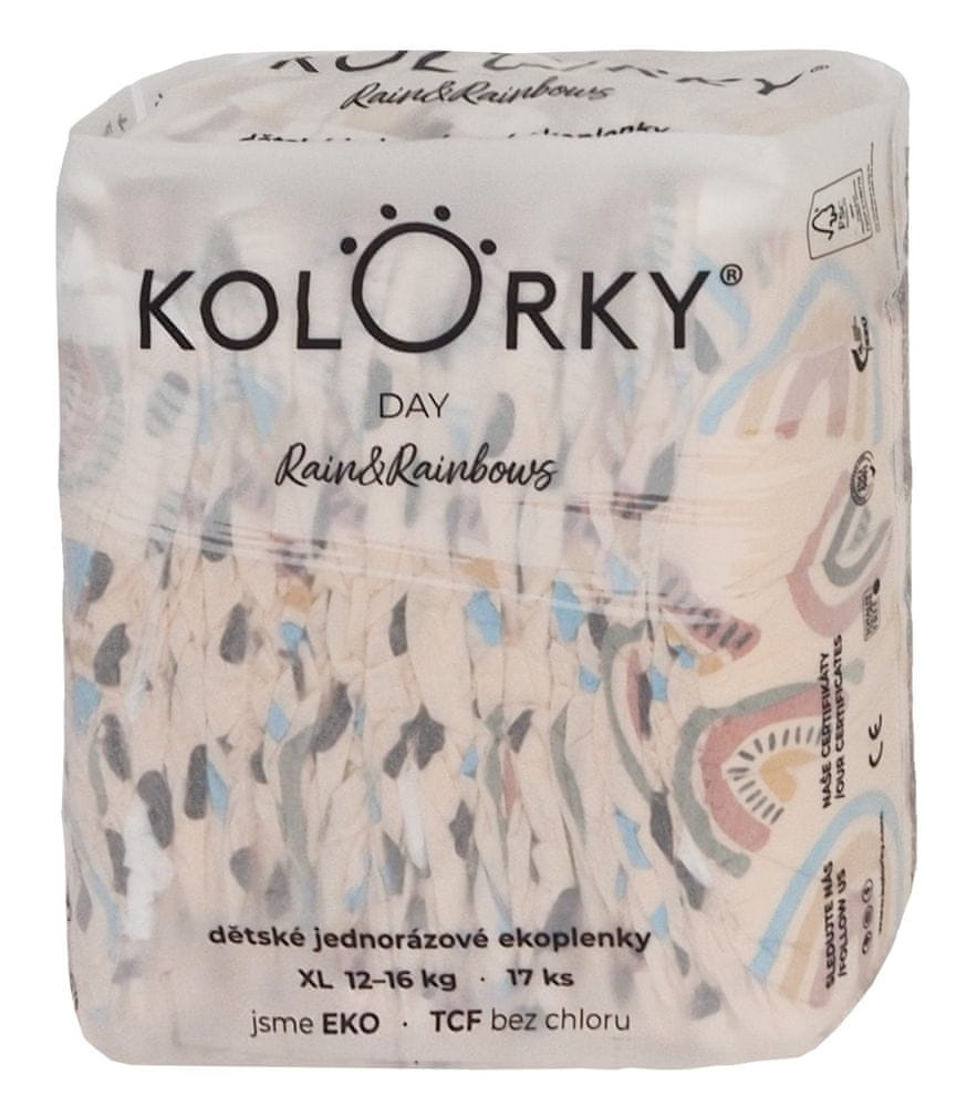 KOLORKY DAY - dážď a dúhy - XL (12-16 kg) - 17 ks - jednorázové eko plienky