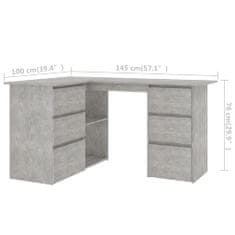 Vidaxl Rohový stôl, betónovo sivý 145x100x76 cm, drevotrieska