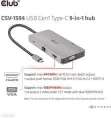 Club 3D HUB USB-C 9v1, HDMI, VGA, 2x USB-A Gen1, RJ45, SD, PD 100W