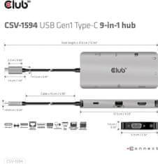 Club 3D HUB USB-C 9v1, HDMI, VGA, 2x USB-A Gen1, RJ45, SD, PD 100W