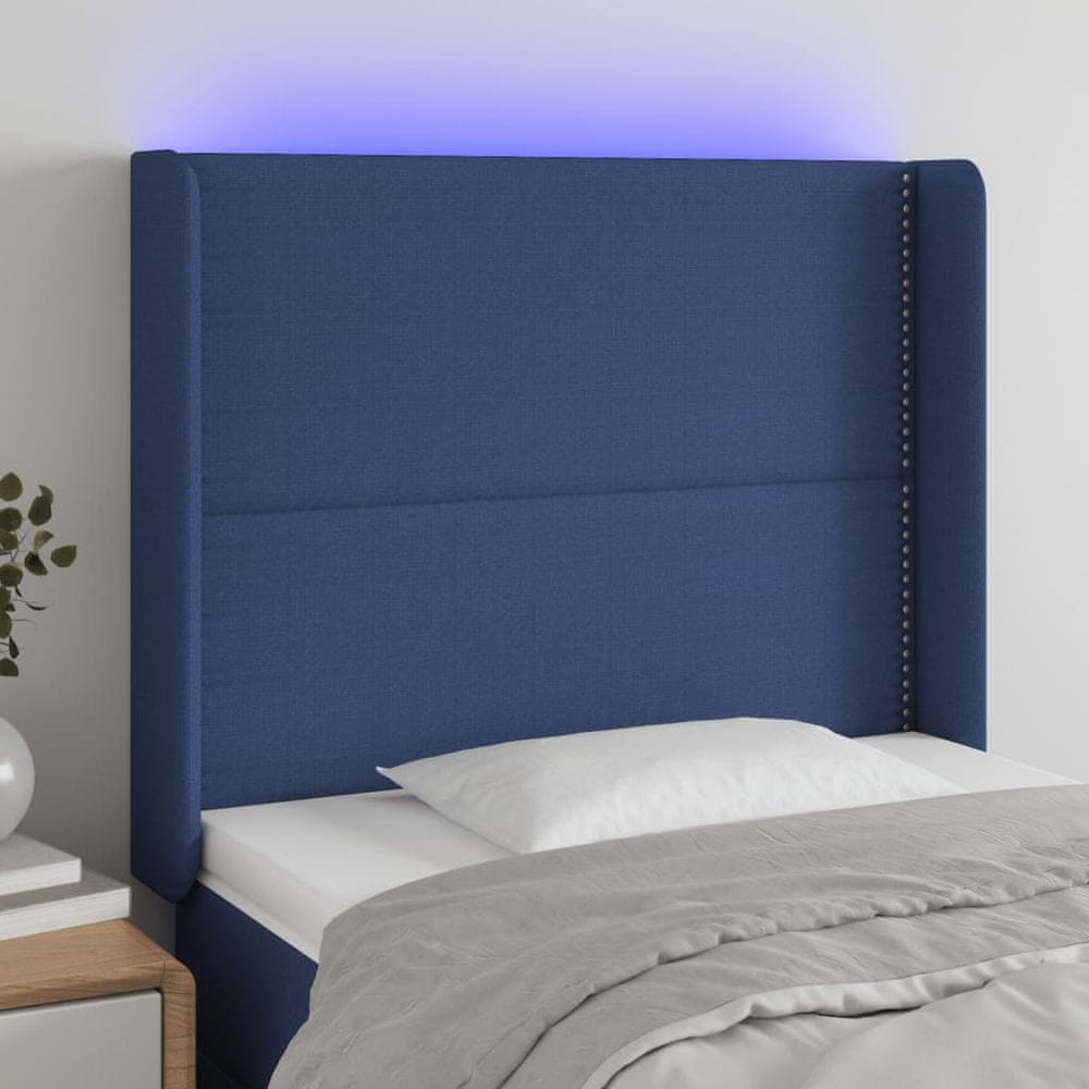 Vidaxl Čelo postele s LED modré 103x16x118/128 cm látka