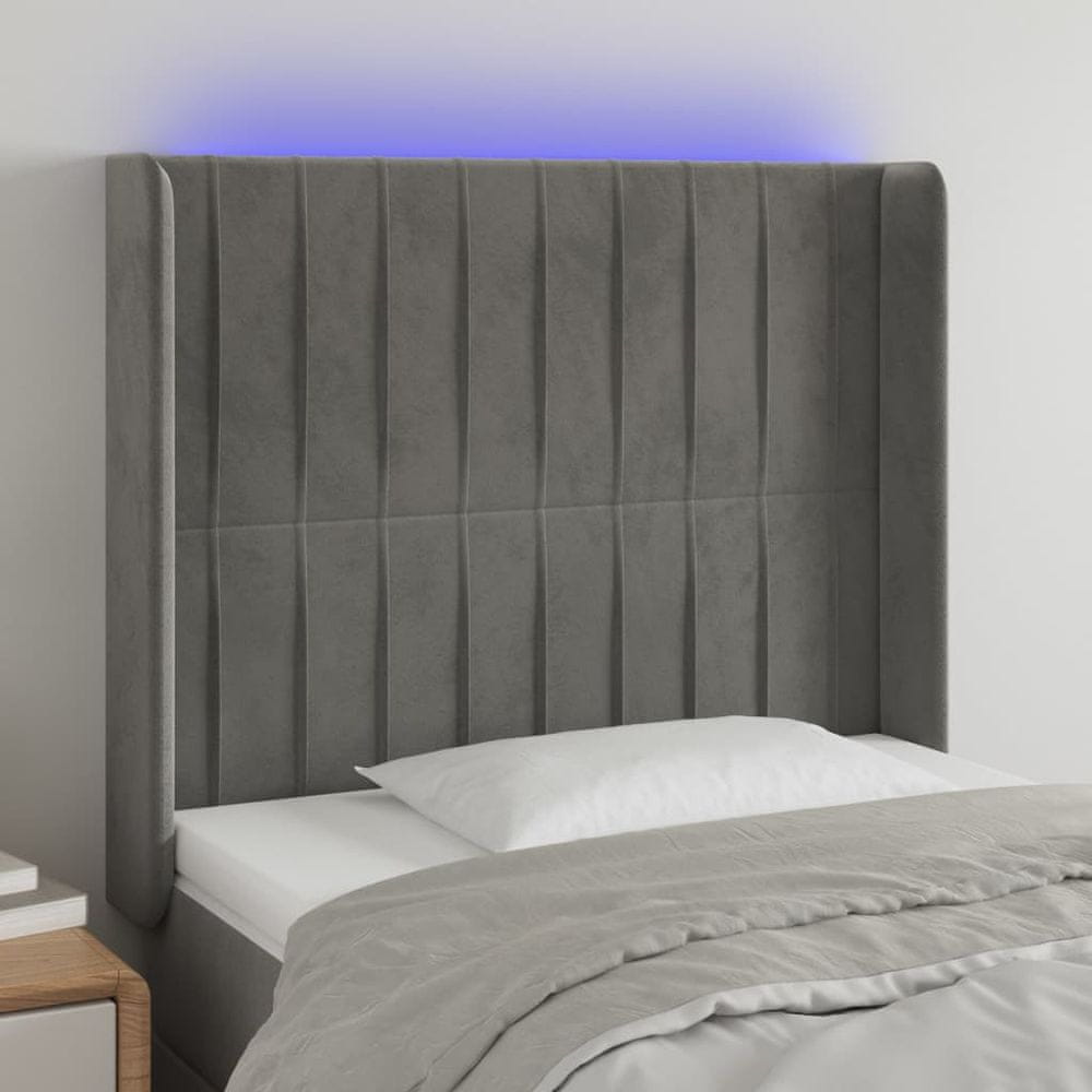 Vidaxl Čelo postele s LED bledosivé 103x16x118/128 cm zamat