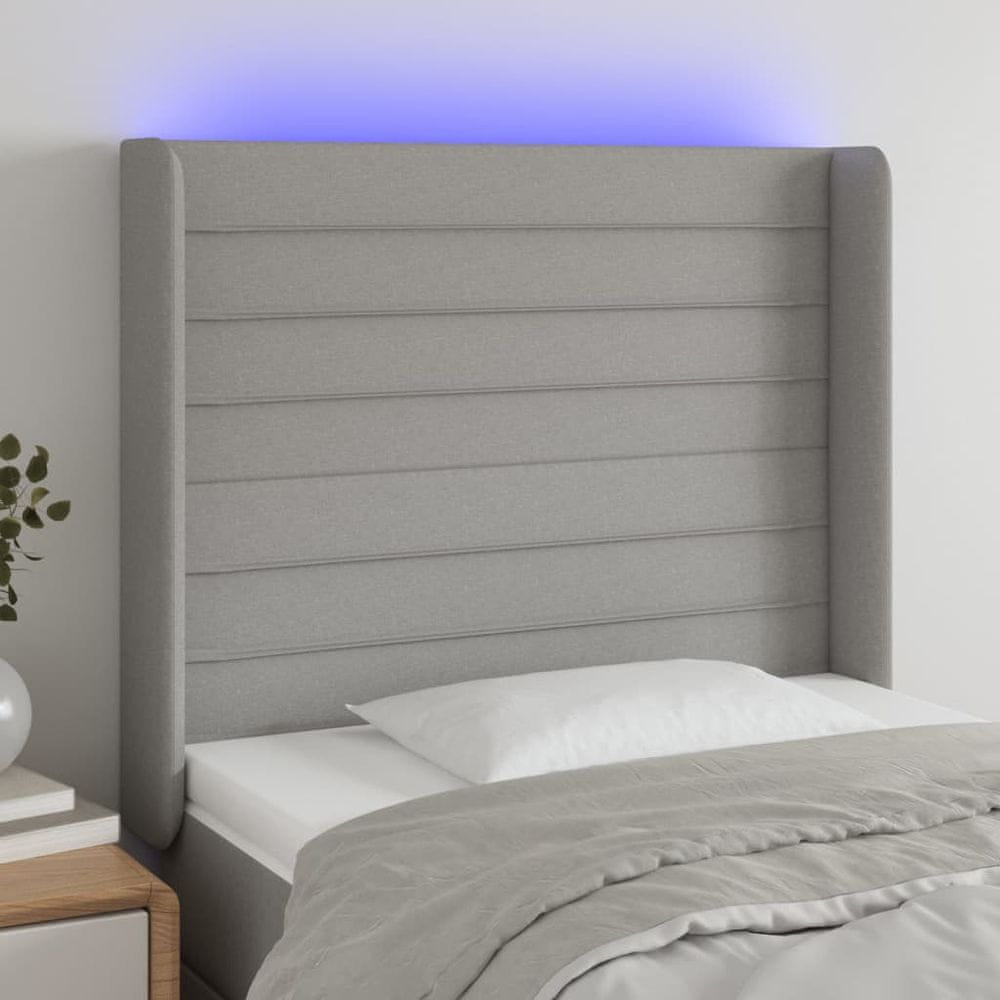 Vidaxl Čelo postele s LED bledosivé 103x16x118/128 cm látka