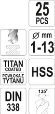 YATO Sada vrtákov do železa HSS-TiN 25ks 1-13mm