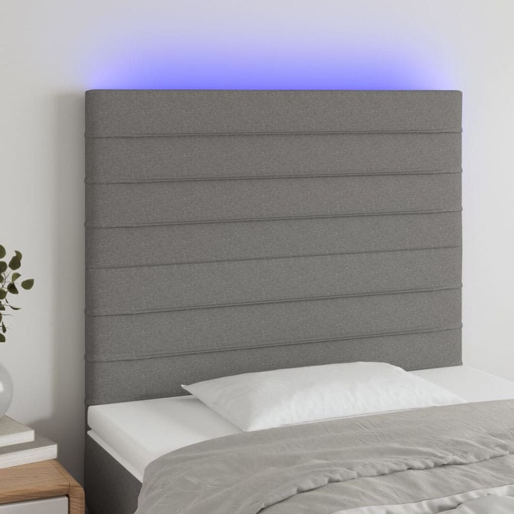 Vidaxl Čelo postele s LED tmavosivé 200x7x118/128 cm látka