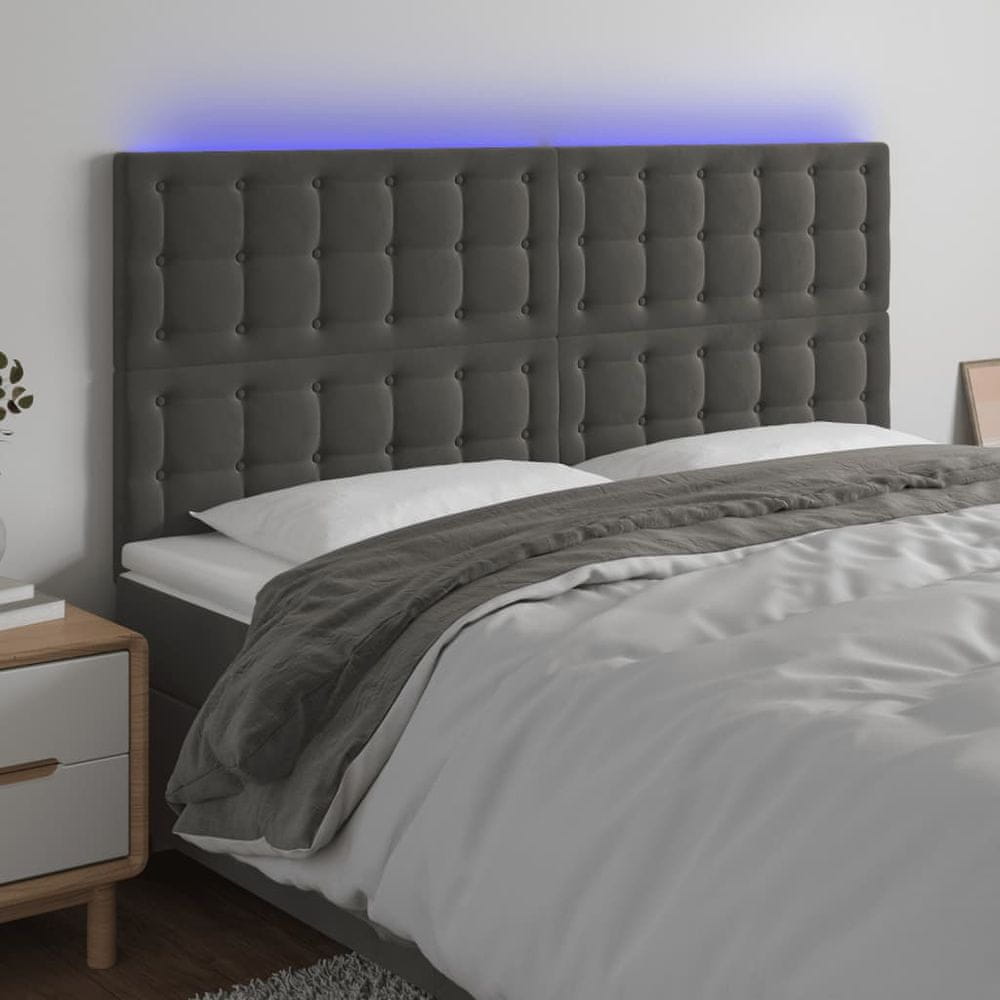 Vidaxl Čelo postele s LED tmavosivé 160x5x118/128 cm zamat