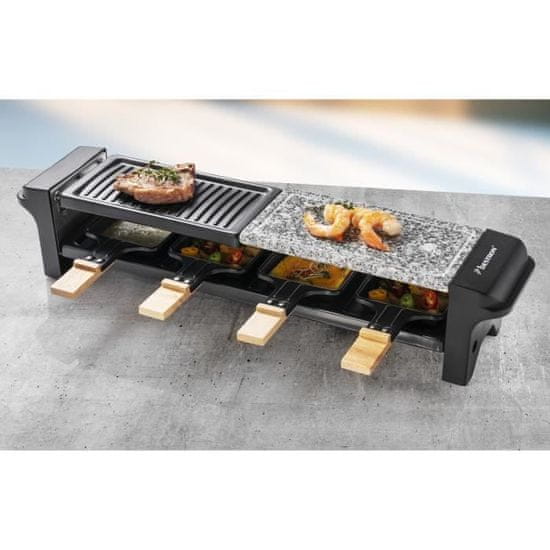 Bestron Bestron Raclette gril pre 4 osoby, elektrický stolný gril s panvičkami 4, drevenými špachtľami 4 a tanierikmi 4, čierny