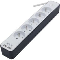 VERVELEY CHACON Napájacia lišta 5 zásuviek 16 A s 2 portami USB a káblom 1,5 m HO5VV-F 3x1,5 mm² bielo-sivá