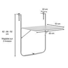 VERVELEY Záhradný stôl, skladací balkónový stôl, skladací, sivý, oceľový, pre 1 osobu, 60 x 78 x 86-101 cm
