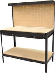 MAGG Pracovný stôl - dielenský ponk 120 x 60 x 151 cm, so závesnou stenou, zásuvkou a poličkou