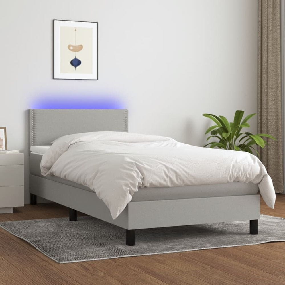 Vidaxl Posteľ boxspring s matracom a LED bledosivá 100x200 cm látka