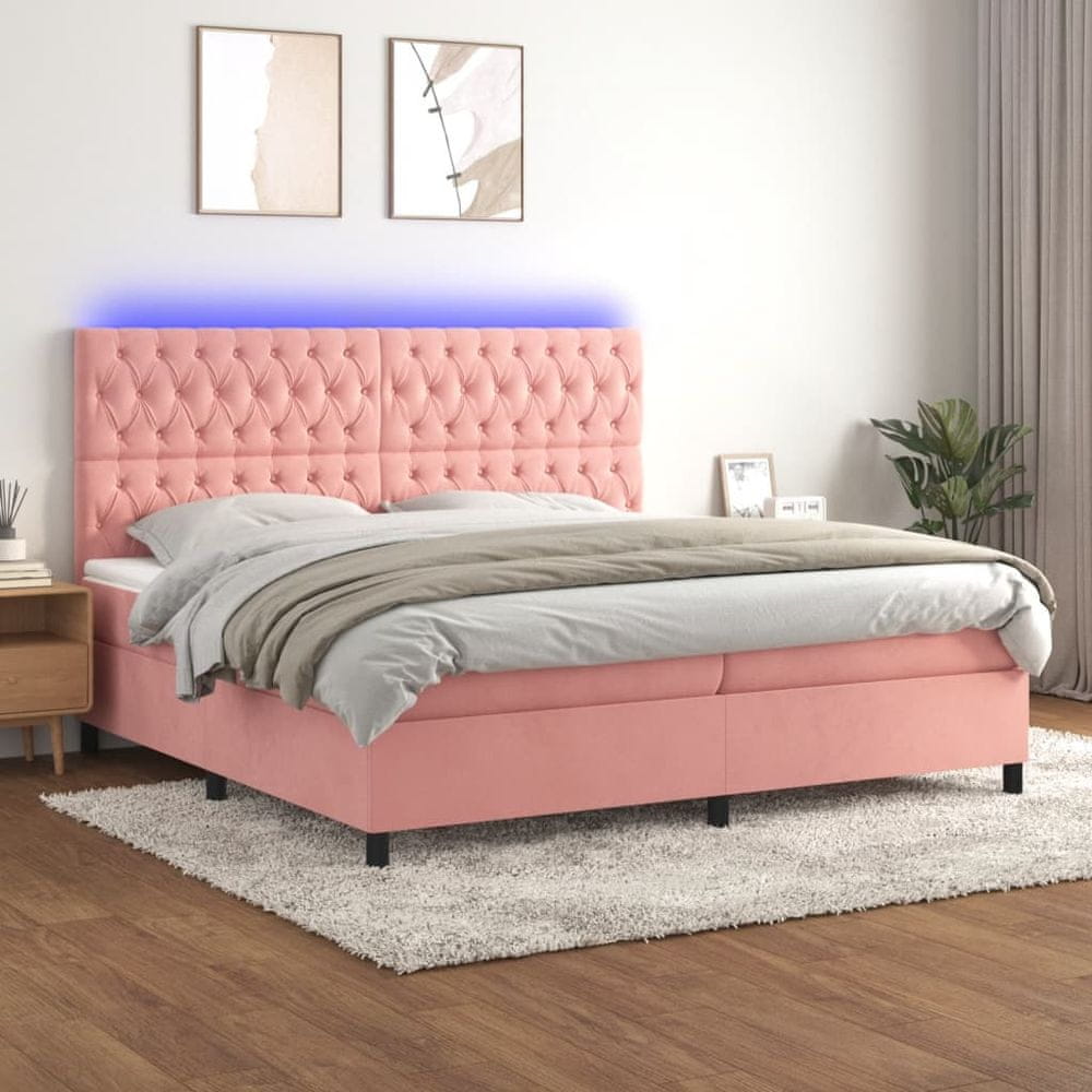 Vidaxl Posteľný rám boxsping s matracom a LED ružový 200x200 cm zamat