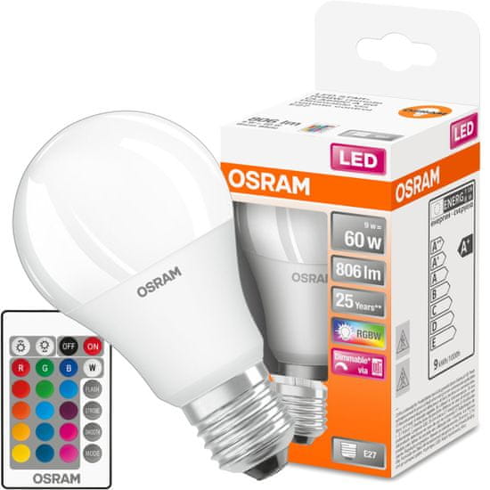 Osram LED žiarovka RGBW E27 A60 9W = 60W 806lm + Pilot diaľkové ovládanie