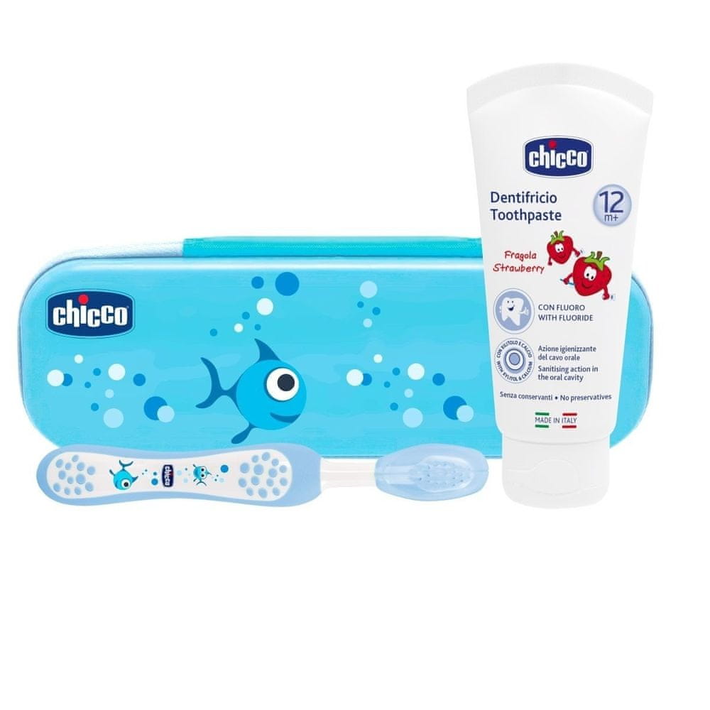 Chicco Set zubná kefka s púzdrom + pasta, od 12 m, modrá