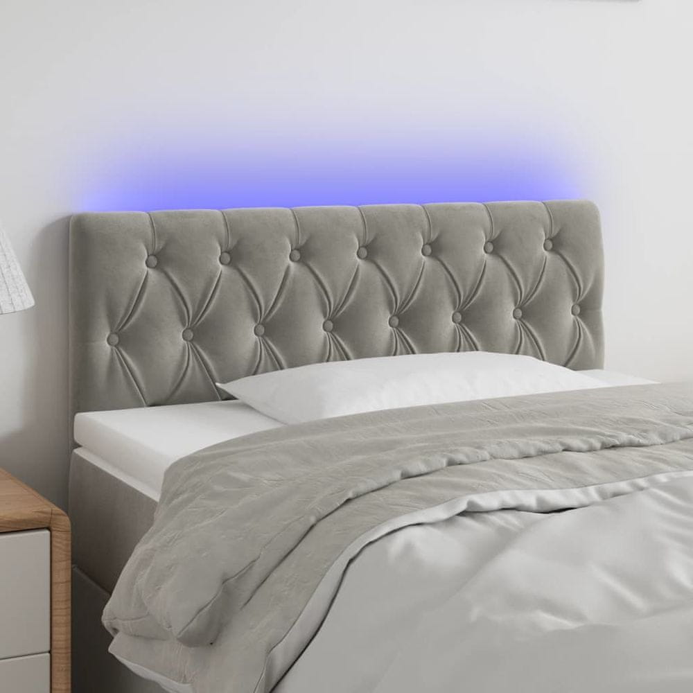 Vidaxl Čelo postele s LED bledosivé 100x7x78/88 cm zamat