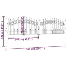 Vidaxl Plotová brána s hrotmi čierna 305x120 cm práškovaná oceľ