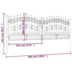 Vidaxl Plotová brána s hrotmi čierna 305x151 cm práškovaná oceľ