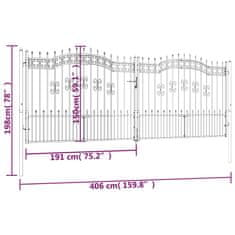 Vidaxl Plotová brána s hrotmi čierna 406x198 cm práškovaná oceľ