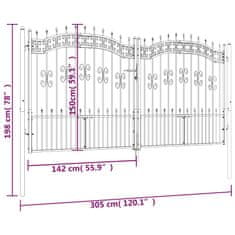 Vidaxl Plotová brána s hrotmi čierna 305x198 cm práškovaná oceľ
