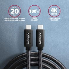 AXAGON BUCM32-CM10AB, SPEED+ kábel USB-C <-> USB-C, 1m, USB 20Gbps, PD 100W 5A, 4K HD, ALU, oplet, čierny