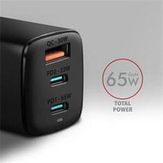 AXAGON ACU-DPQ65, GaN nabíjačka do siete 65W, 3x port (USB-A + dual USB-C), PD3.0/QC4+/PPS/Apple