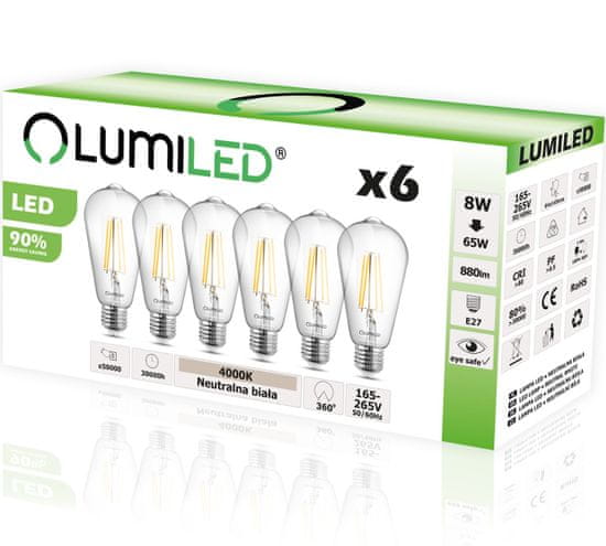 LUMILED 6x LED žiarovka E27 ST64 8W = 65W 880lm 4000K Neutrálna biela 360°