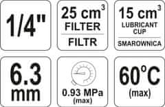 YATO Regulátor tlaku vzduchu 1/4", max. 0,93MPa, s filtrom (25ccm) a primazávaním (15ccm)