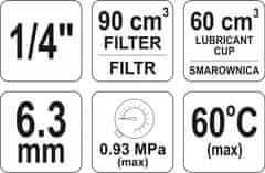 YATO Regulátor tlaku vzduchu 1/4", max. 0,93MPa, s filtrom (90ccm) a primazávaním (60ccm)