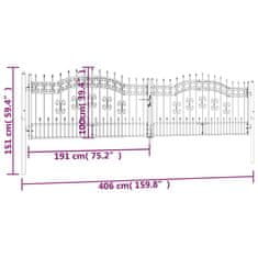 Vidaxl Plotová brána s hrotmi čierna 406x151 cm práškovaná oceľ