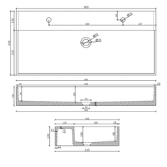 SAPHO , QUADRADO betónové umývadlo vrátane výpusti, 96x44 cm, 2 otvory, biely pieskovec, AR475