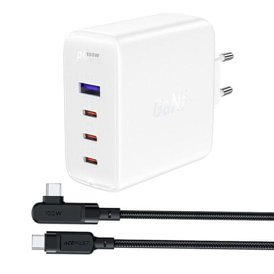 shumee GaN rýchla nabíjačka 3x USB-C 1x USB-A + lomený USB-C kábel 100W 2m biely