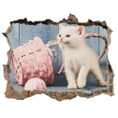 Wallmuralia.sk Díra 3D fototapeta nástěnná Biela mačka a klbka 120x81 cm