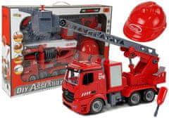 Lean-toys Súprava DIY Fire Engine Kit 2v1 Vymeniteľné zdviháky Skrutkovač Zvuk Osvetlenie Efekty Prilba