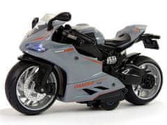 Lean-toys Športový motocykel Šedé oranžové pásy 1:12 Pull-Back Drive Sound Lights