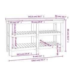 Vidaxl Pracovná lavica biela 142,5x50x80 cm masívna borovica