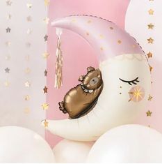 Balónik fóliový Medvedík na mesiaci - ružový - Baby shower - Tehotenský večierok - 98 cm