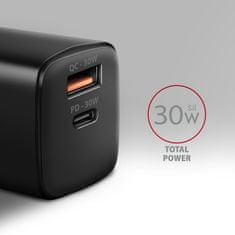 AXAGON ACU-PQ30, Sil nabíjačka do siete 30W, 2x port (USB-A + USB-C), PD3.0/PPS/QC4+/SFC/AFC/Apple