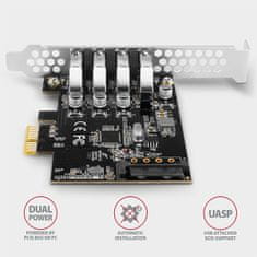 AXAGON PCEU-43RS, PCIe radič, 4x USB 3.2 Gen 1 port, 5 Gbps, napájanie z PCIe alebo SATA, SP & LP